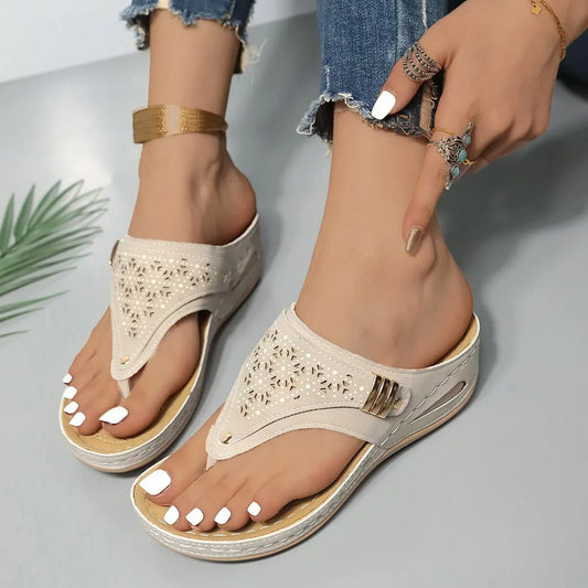 Women's Wedge Sandals With Cutout Embroidery Cork Sole