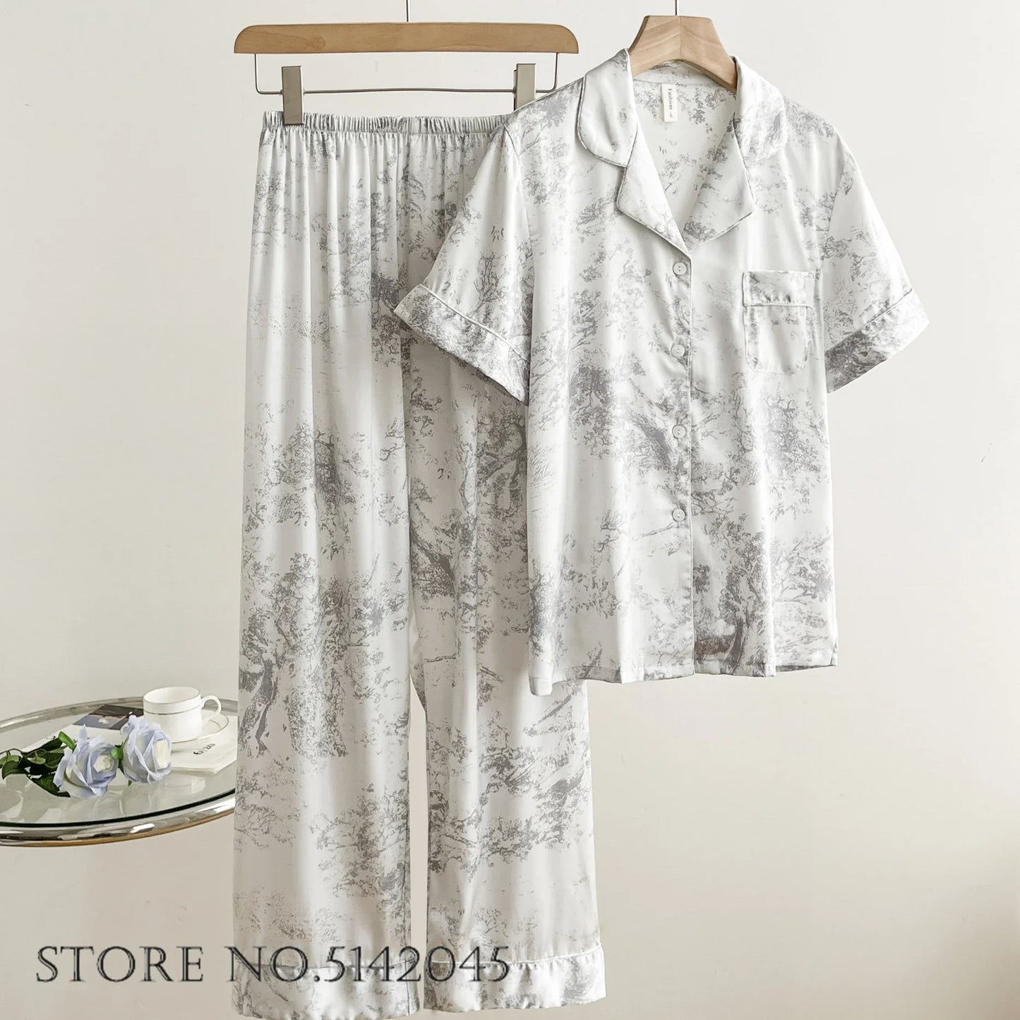 Floral Satin Pajama Set For Women Sleepwear Lounge Wear