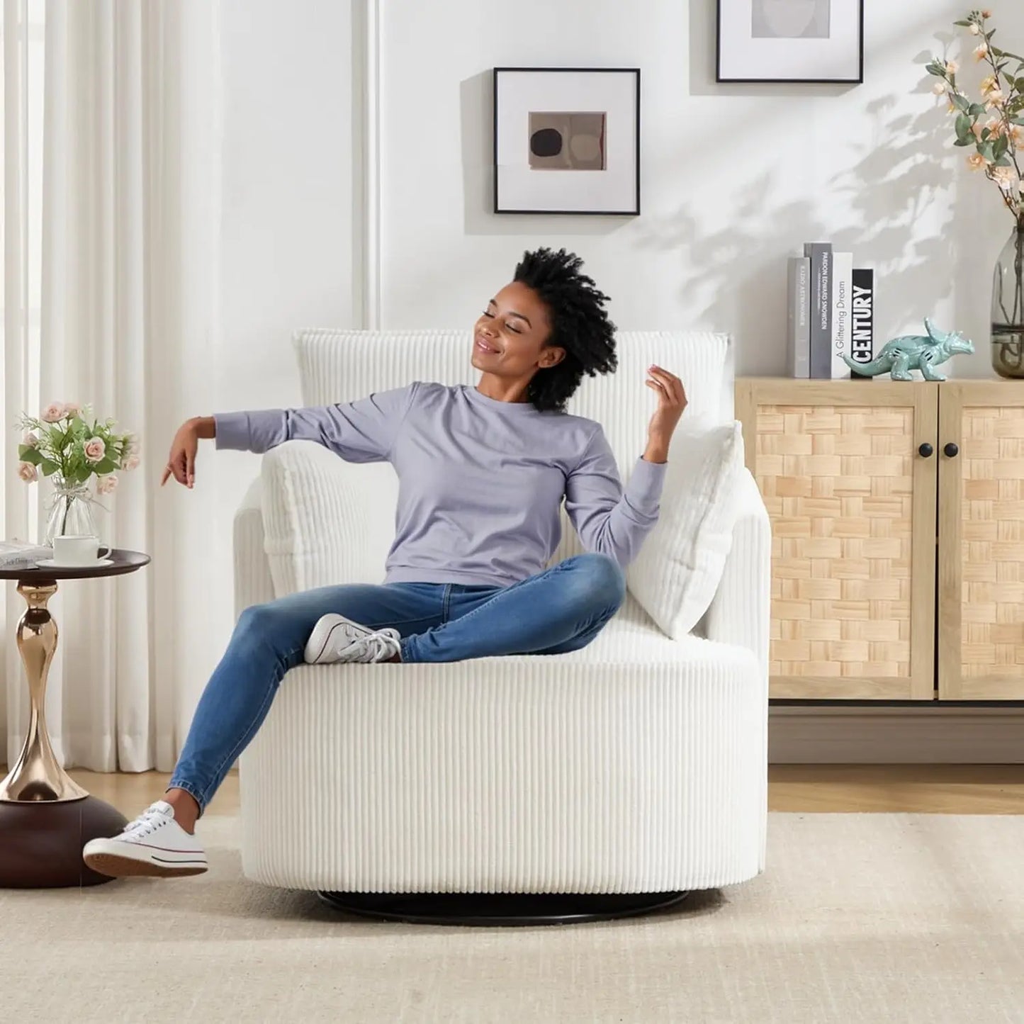 Swivel Barrel Chair Upholstered Reclining Armchair For Living Room
