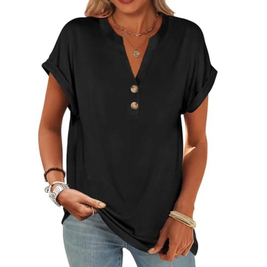 Women's Short Sleeve Henley Top V Neck Dressy Casual Blouse
