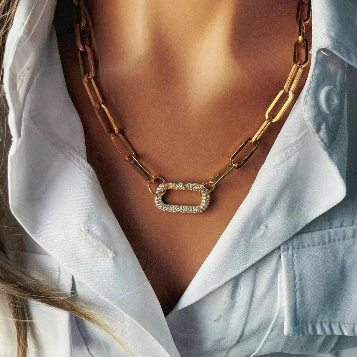 Oval Buckle Necklace With Zircon Accent Stainless Steel