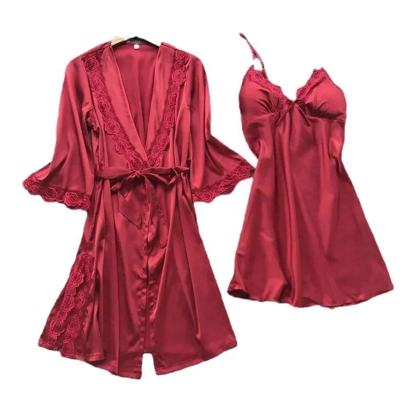 NONECN Satin Lace Pajamas Set for Women V Neck Nightwear