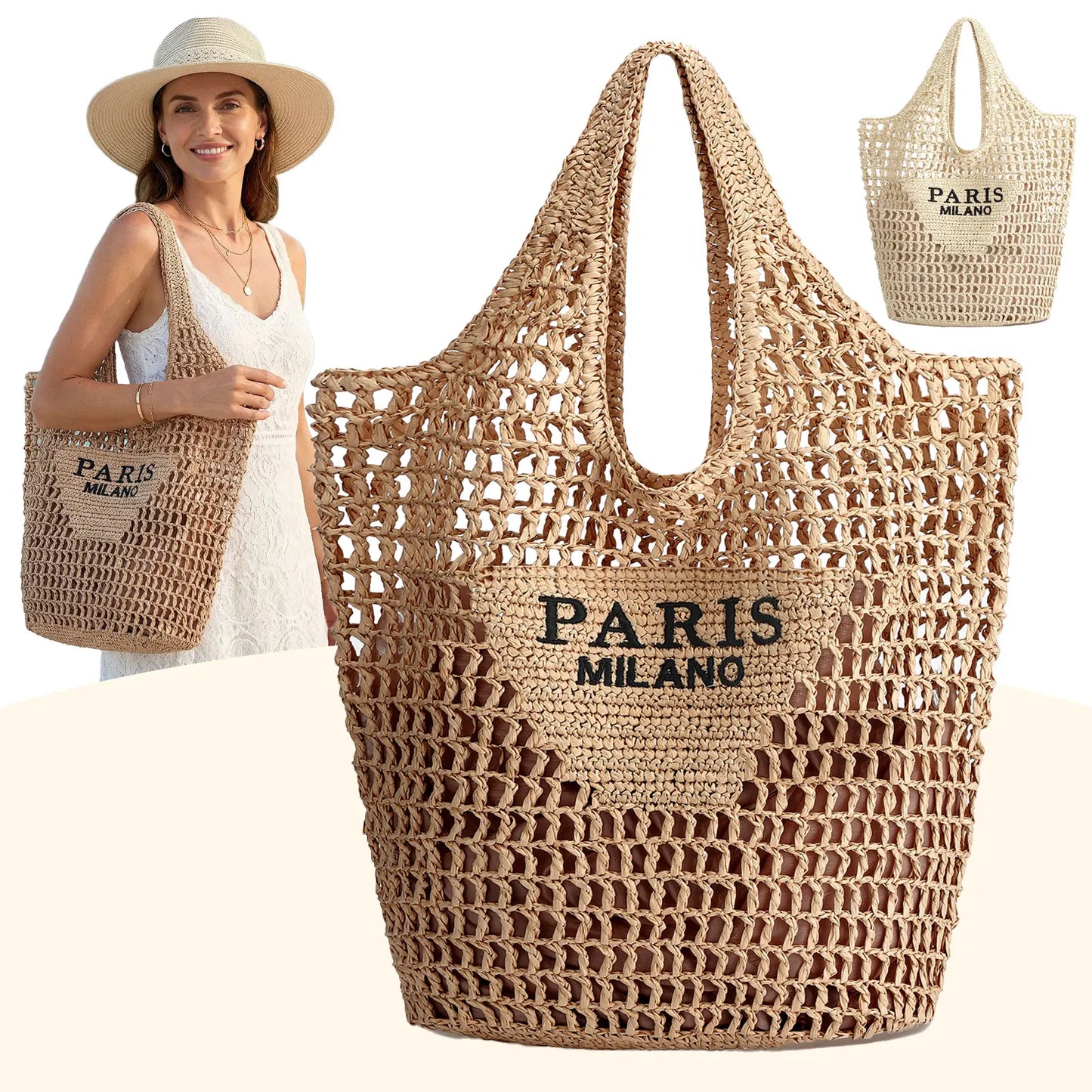 Straw Beach Tote Bag for Women Handmade Woven Mesh Bag