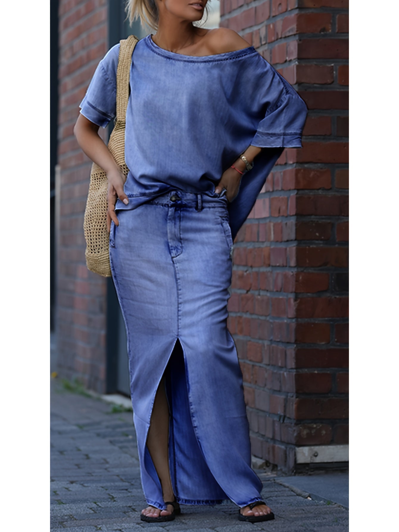 Denim Off-Shoulder Skirt Two-Piece Set For Spring Summer