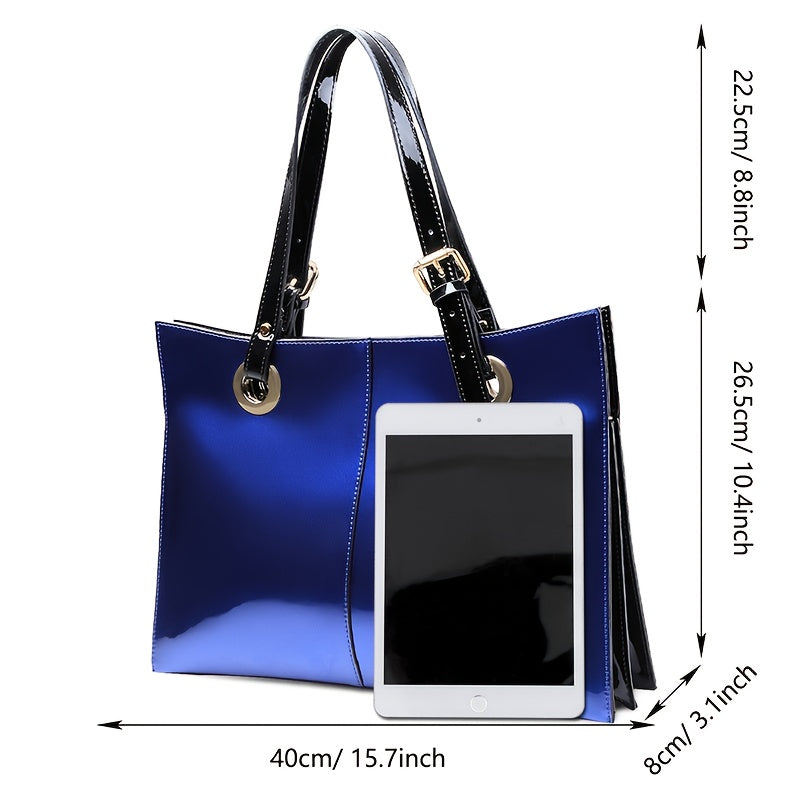 Genuine Leather Tote Bag Patent Leather, Multi-Compartment Laptop-Compartment Case