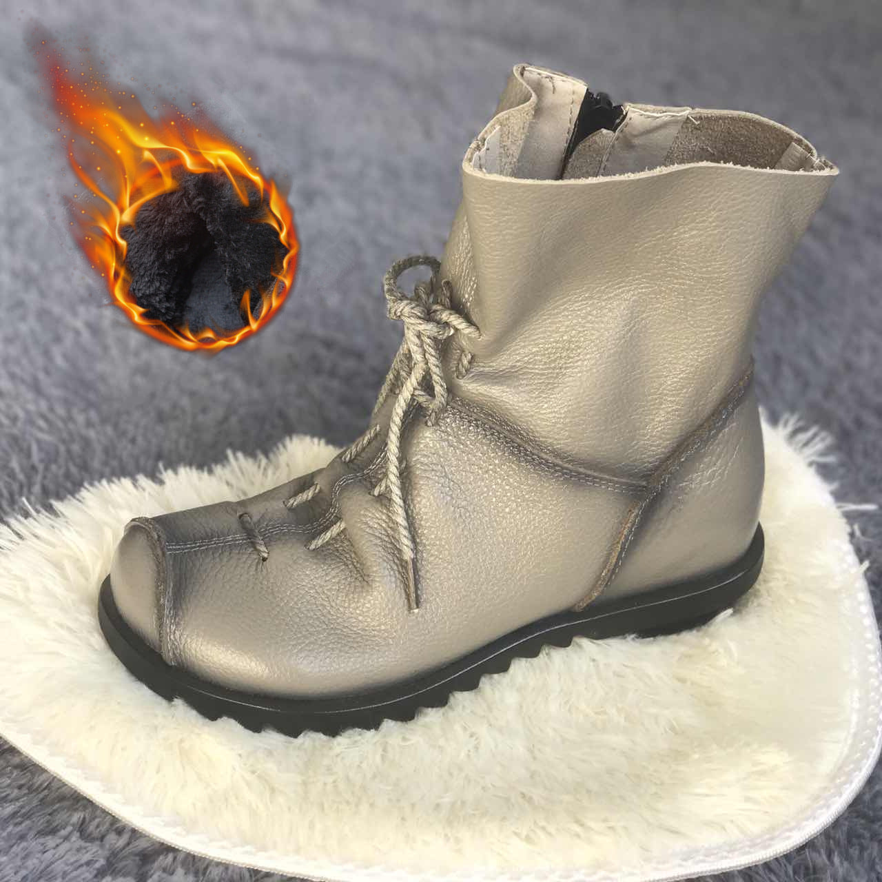 Women Genuine Leather Chunky Platform Ankle Boots Retro Lace Up Round Toe Western Style All Season Rubber Sole Zipper