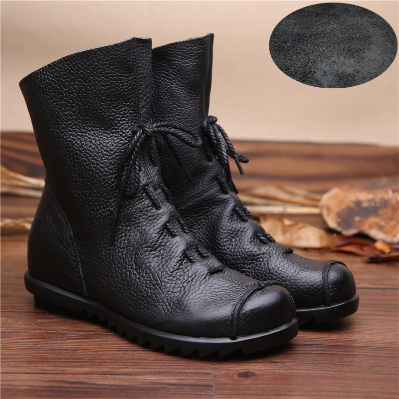 Women Genuine Leather Chunky Platform Ankle Boots Retro Lace Up Round Toe Western Style All Season Rubber Sole Zipper