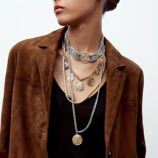 Vintage Elegant Multi Layer Round Pendant Necklace Set Evening Wear