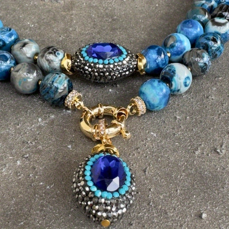 Boho Natural Stone Necklace With Golden Copper Beads Oval Pendant