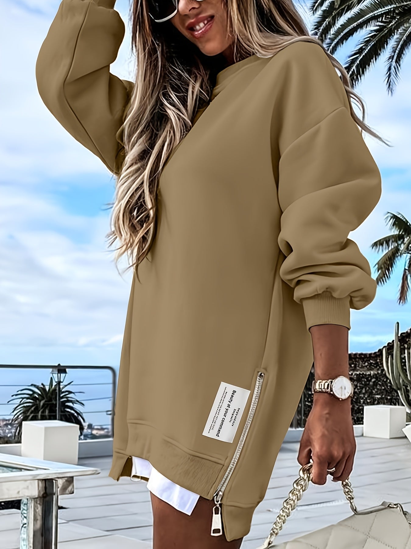 Chicme Zipper Embellished Crew Neck Sweatdress Polyester Blend Modern Casual Women Dress