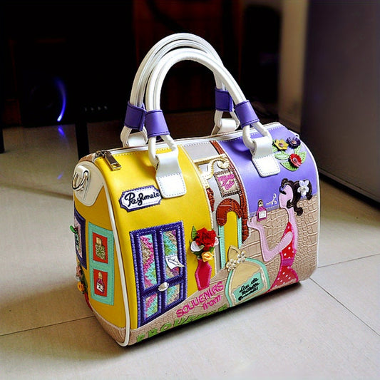 Vintage Italian Inspired Hand Painted PU Handbag For Travel And Everyday Use With Zipper Closure