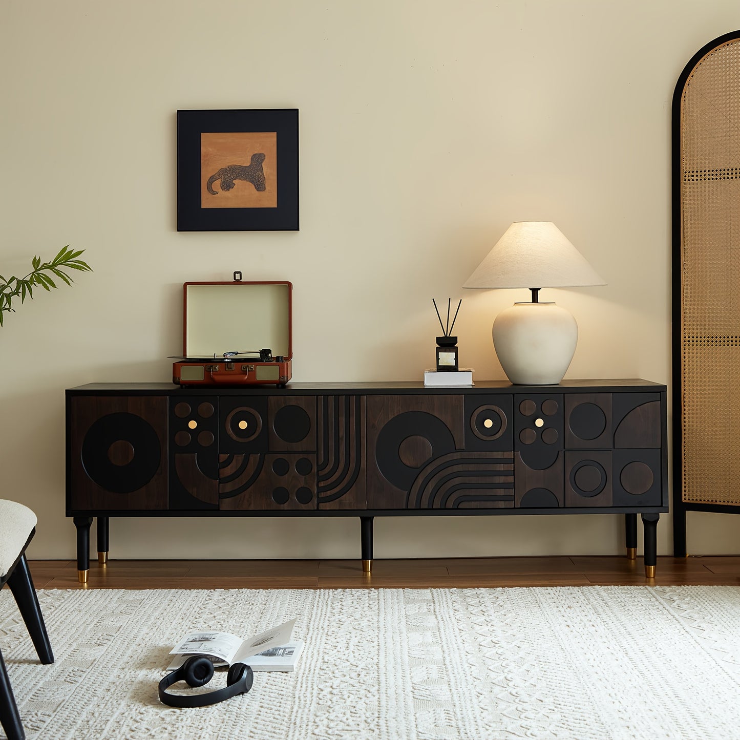 Mid Century Modern TV Stand With Four Cabinets And Wheels
