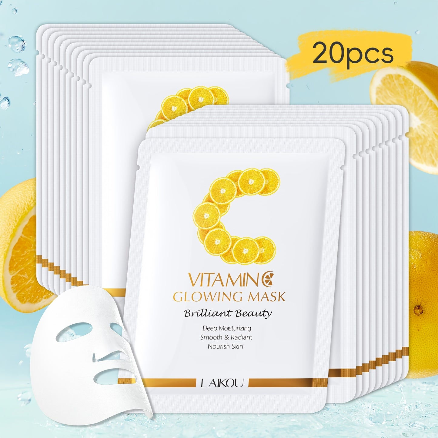 LAIKOUE Vitamin C Glow Mask Sheet 20 Packs Hydrating Radiance