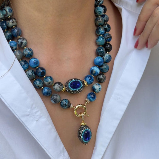 Boho Natural Stone Necklace With Golden Copper Beads Oval Pendant