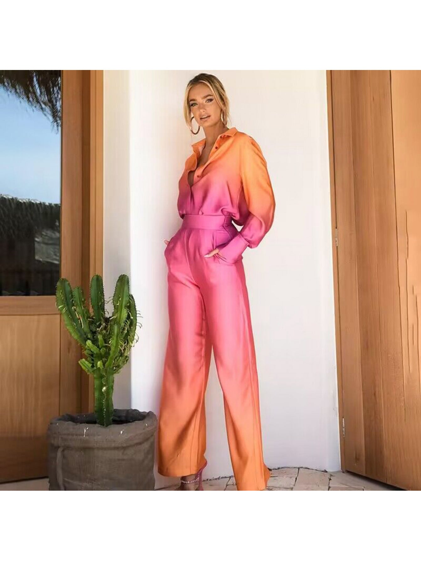 Women's Two-Piece Long Sleeve Shirt Set With Pockets