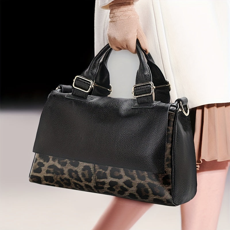 Genuine Leather Women's Boston Bag With Leopard Print And Hardware