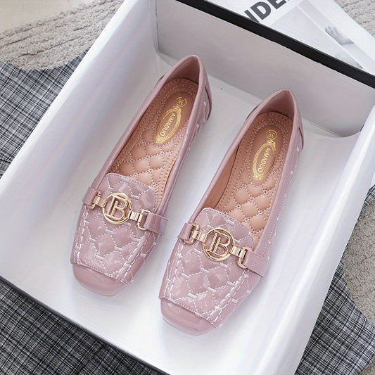 Women's Square Toe Loafers With Golden Chain Accent Quilted Flats