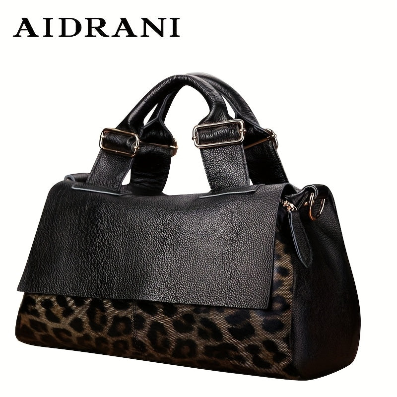 Genuine Leather Boston Bag With Leopard Print Zipper Closure