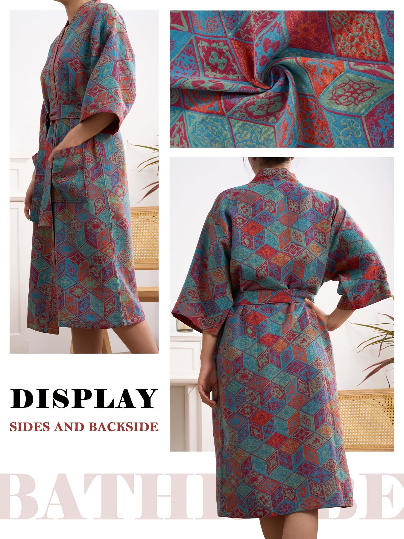 Mach Double Gauze Bathrobe With Pockets Lightweight Bohemian Floral Kimono