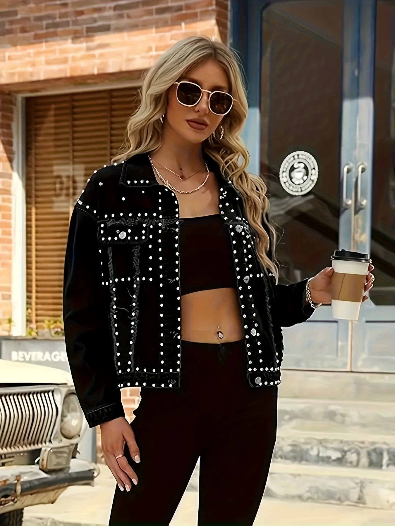 HMEC Studded Denim Jacket Women Biker Style Non Stretch