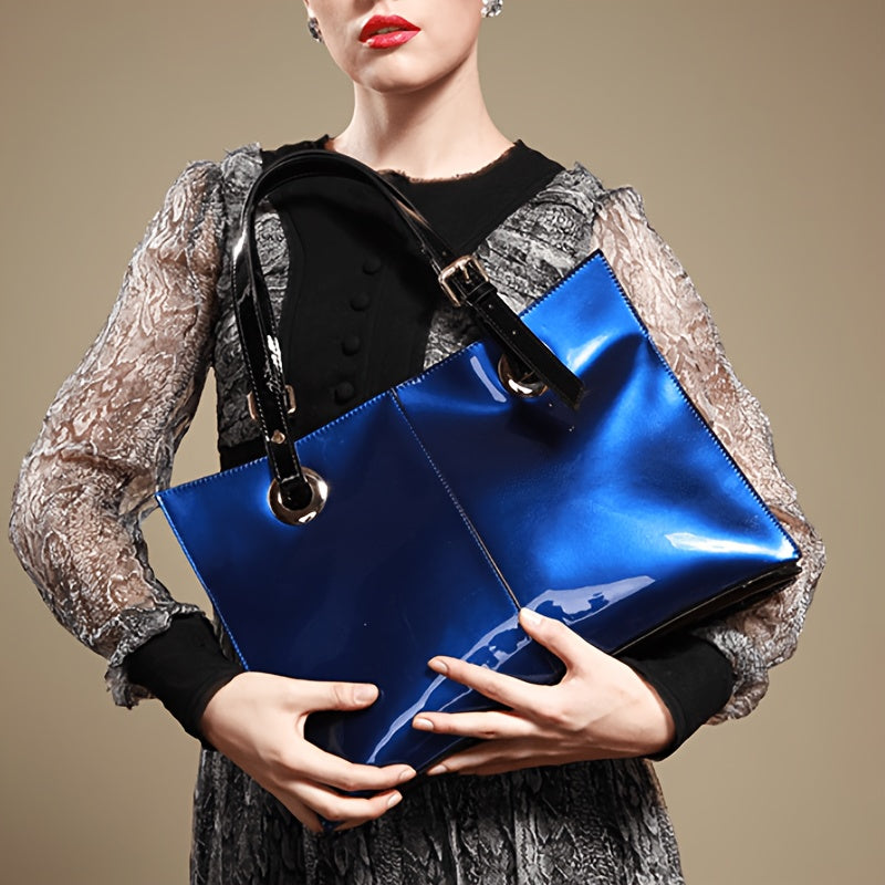 Genuine Leather Tote Bag Patent Leather, Multi-Compartment Laptop-Compartment Case