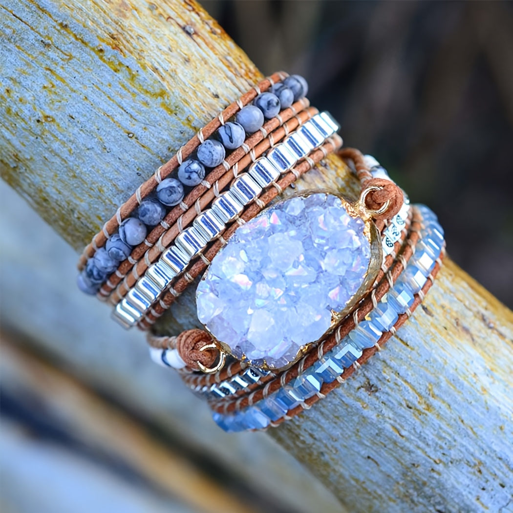 Boho Handmade Natural Stone Druzy Quartz Wrap Bracelet Jewelry