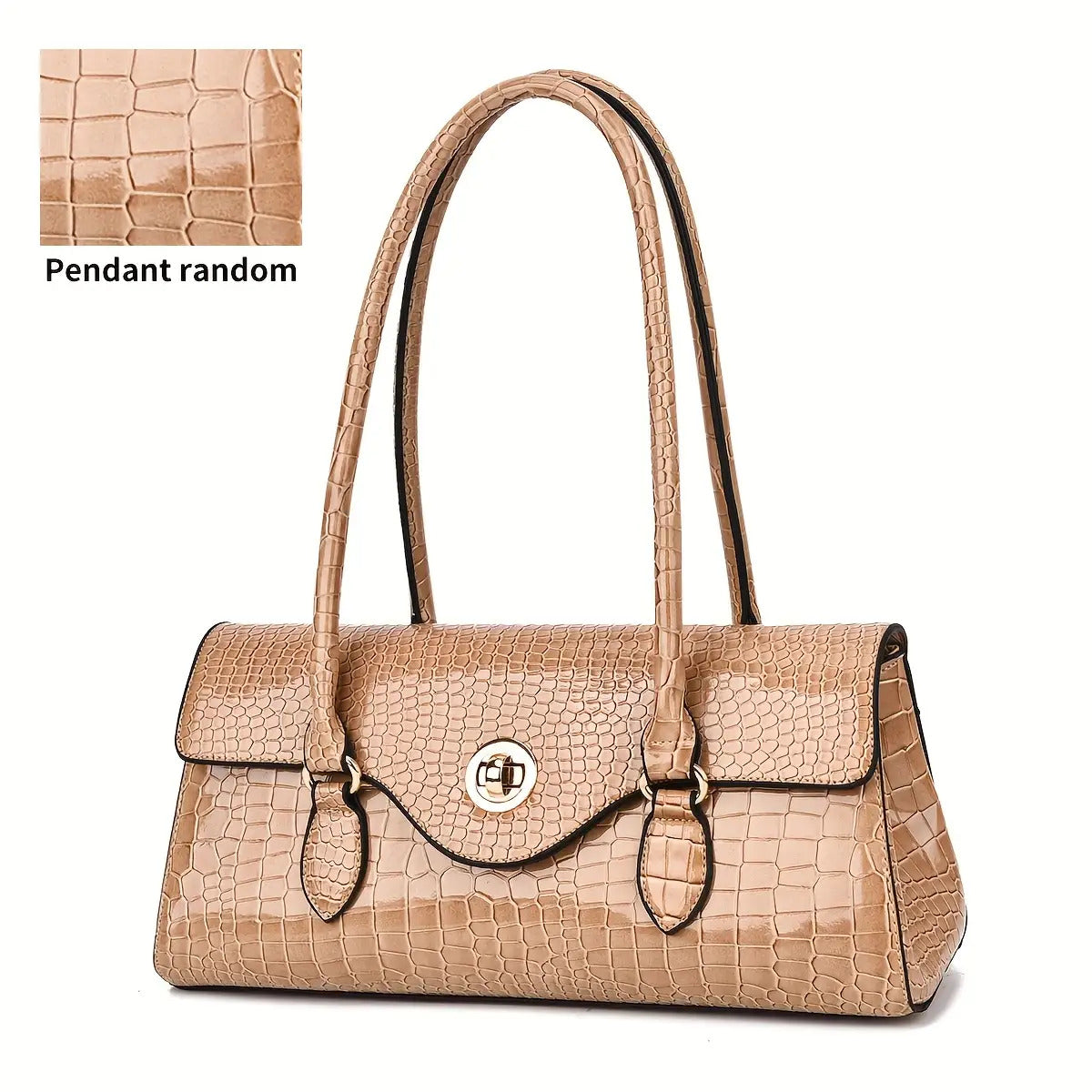 Crocodile Texture Handbag With Gold Tone Turn Lock Convertible Crossbody