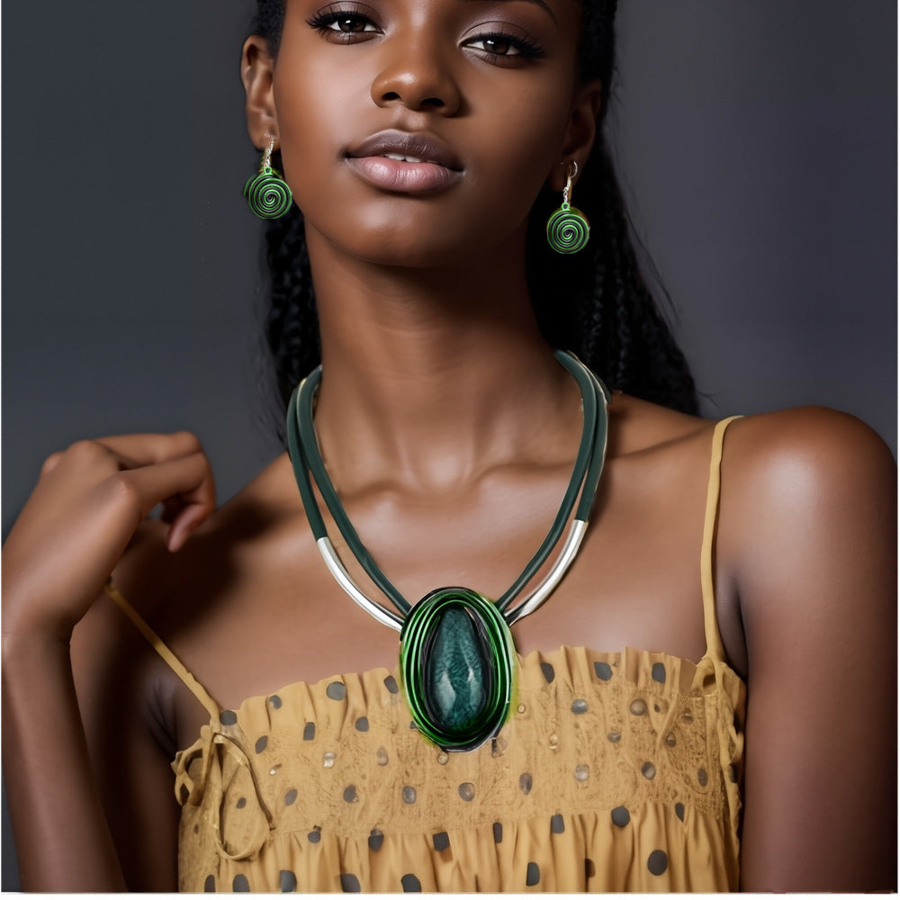 NEULRY Resin Drop Pendant Leather Rope Jewelry Set Necklace Earrings