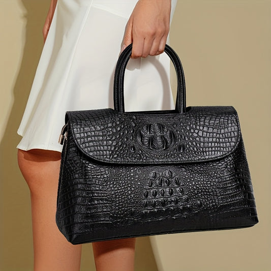 Luxury Crocodile Embossed Leather Handbag Tote With Buckle Closure