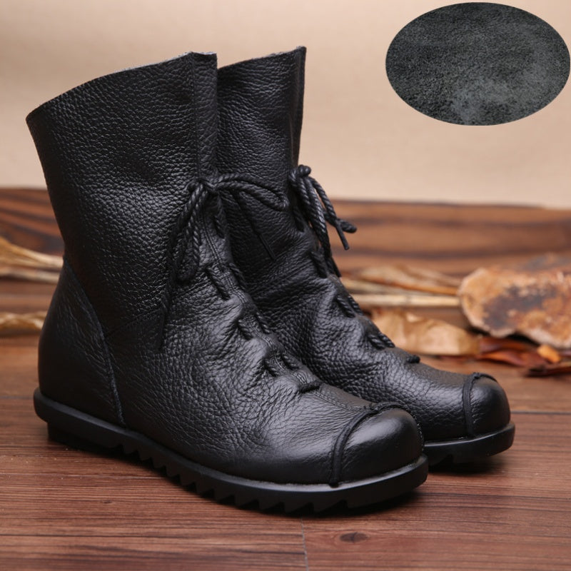 Women Genuine Leather Chunky Platform Ankle Boots Retro Lace Up Round Toe Western Style All Season Rubber Sole Zipper