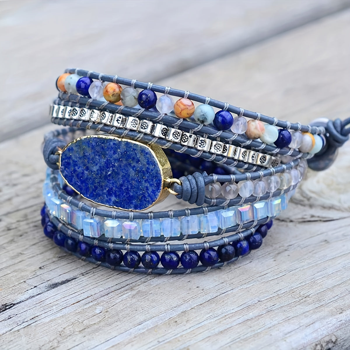 Boho Natural Jasper Druzy Leather Bracelet For Men Women