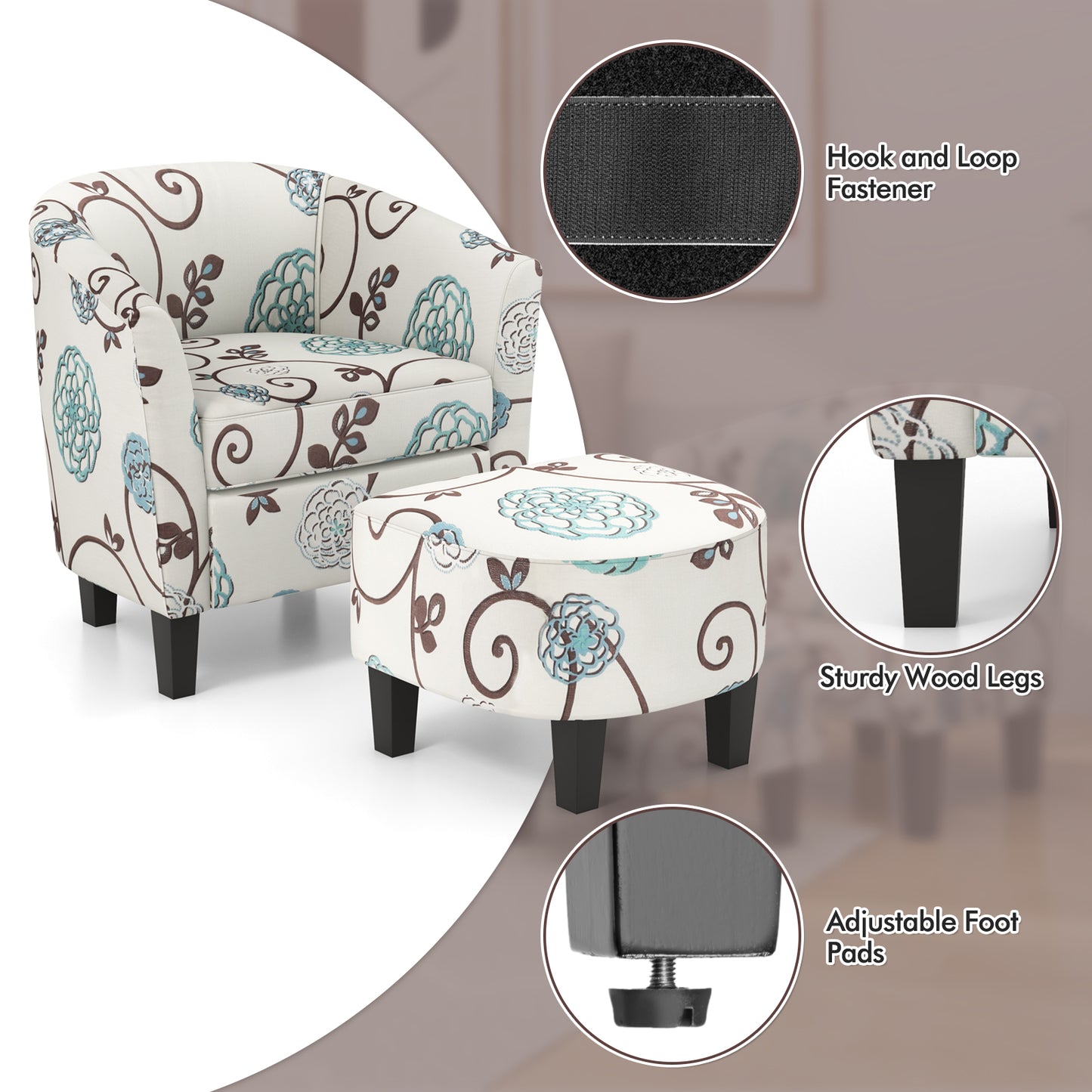 COSTWAY Accent Chair With Ottoman Modern Upholstered Barrel Chair With Footrest Living Room