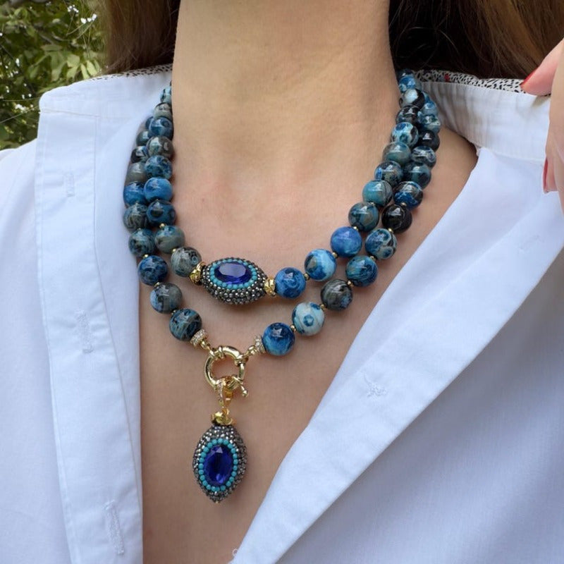 Boho Natural Stone Necklace With Golden Copper Beads Oval Pendant