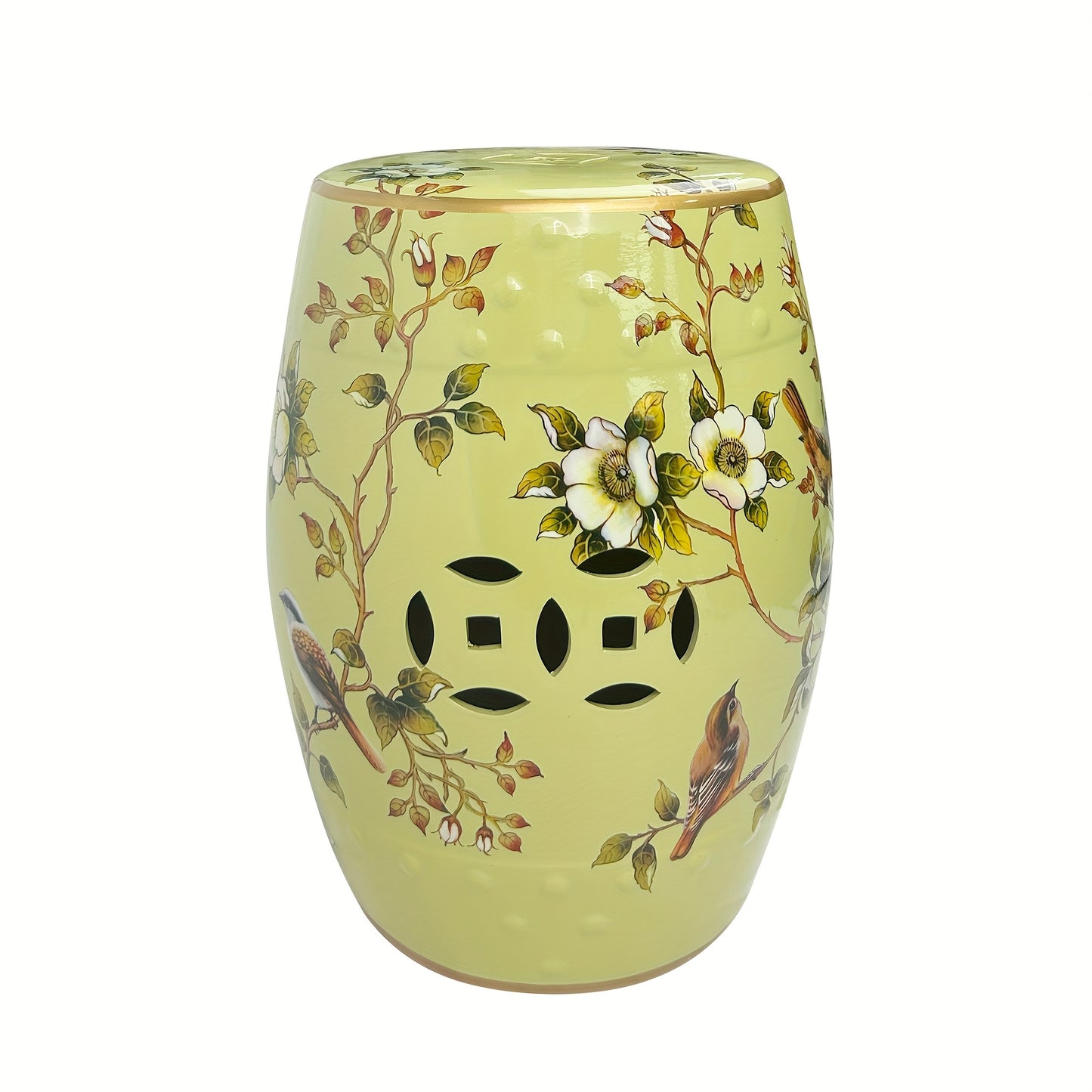 Ceramic Drum Stool Asian Classical Style Ornate Bird Blossom