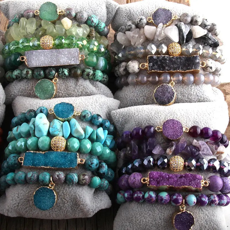 Boho Chic Natural Stone Beaded Bracelet Set Turquoise Zirconia Charms