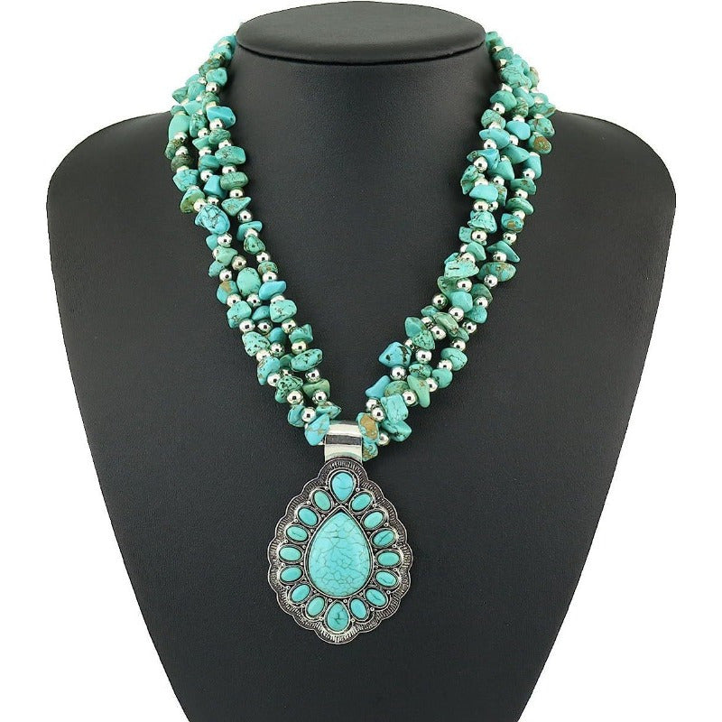 Bohemian Vintage Turquoise Necklace With Teal Gemstones And Intricate Detailing