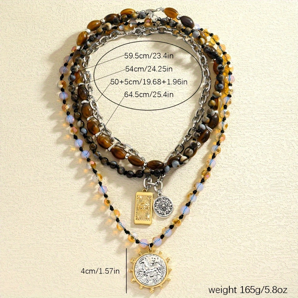 NEULRY Bohemian Geometric Rectangular Layered Body Chain Set Of Four Premium Natural Stone Pendants