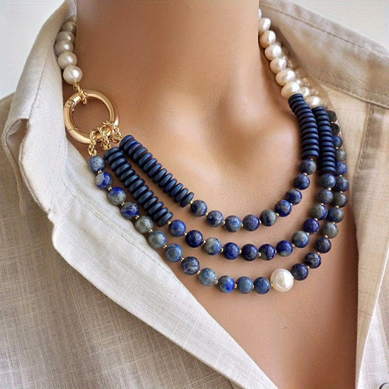 Elegant Freshwater Pearl And Lapis Beaded Necklace Women