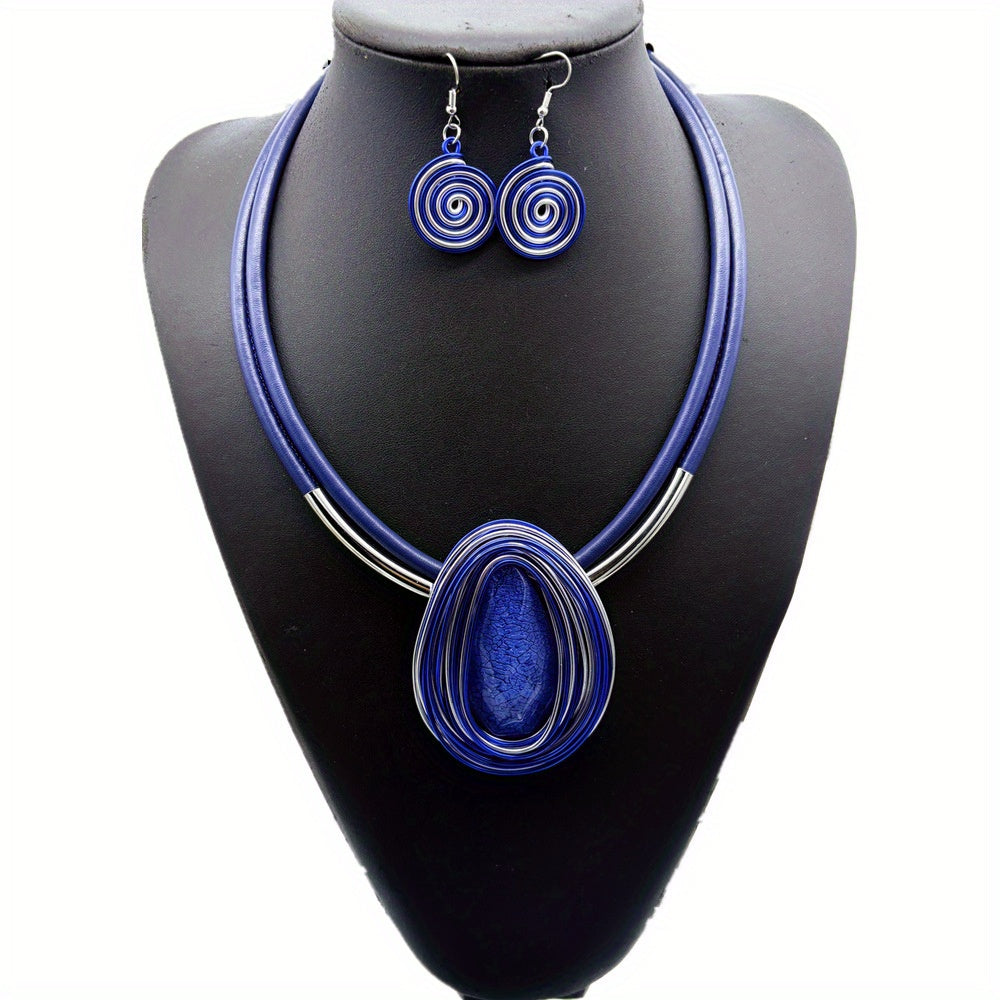 NEULRY Resin Drop Pendant Leather Rope Jewelry Set Necklace Earrings