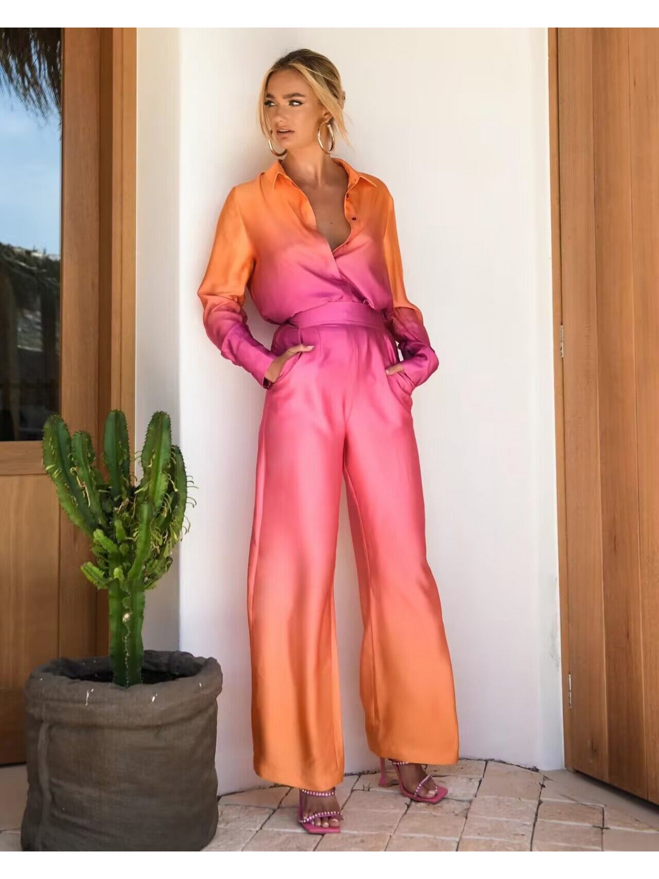 Women's Two-Piece Long Sleeve Shirt Set With Pockets