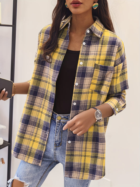 Retro Women's Oversized Button Front Blouse Plaid Cotton Blend Long Sleeve