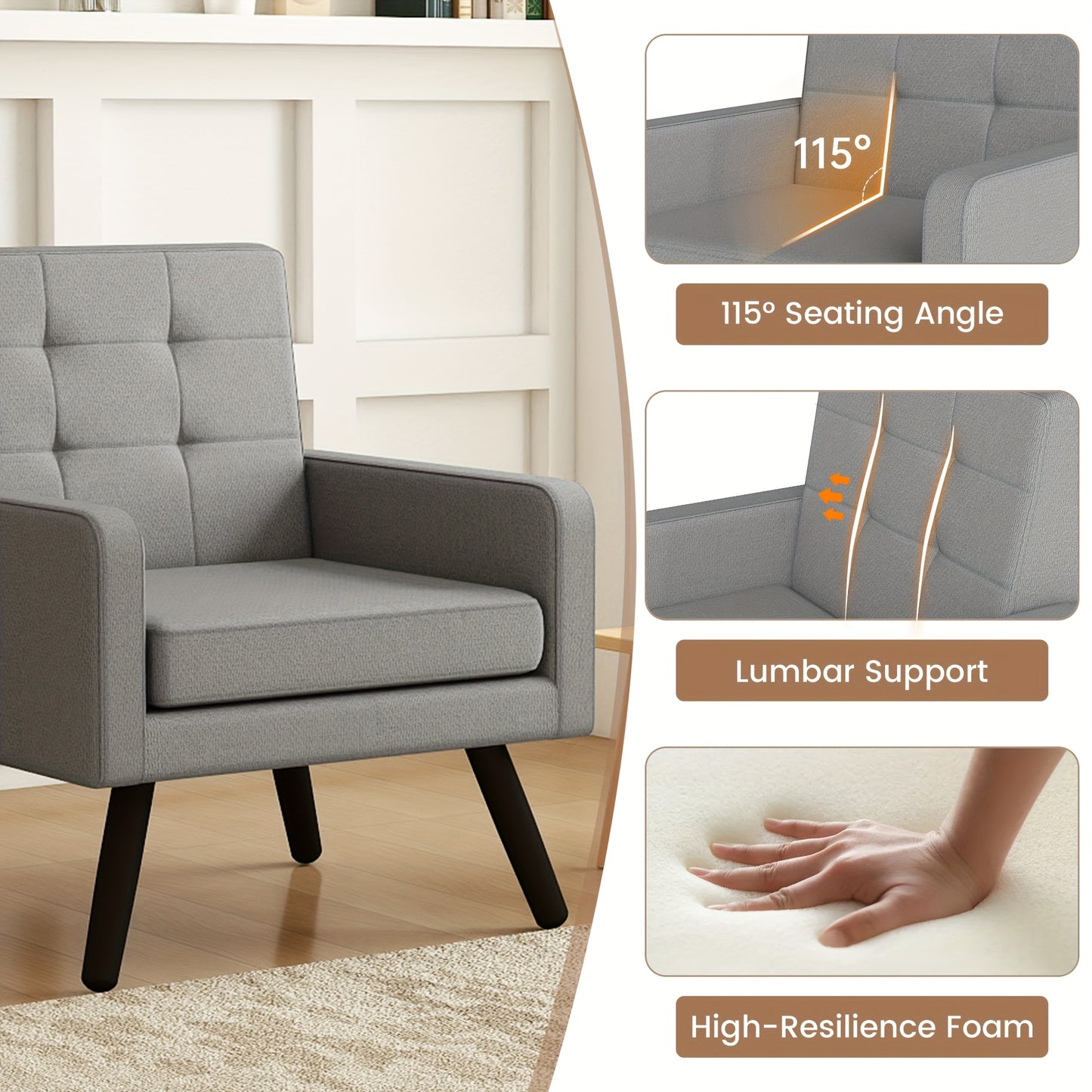 KROFEM Accent Chair Mid-Century Modern With Ergonomic Backrest