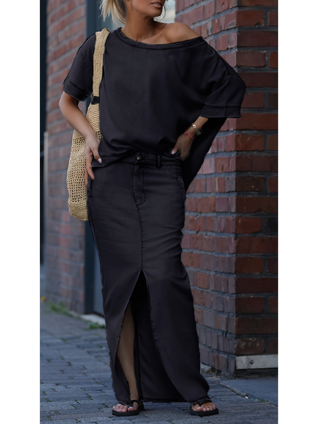 Denim Off-Shoulder Skirt Two-Piece Set For Spring Summer