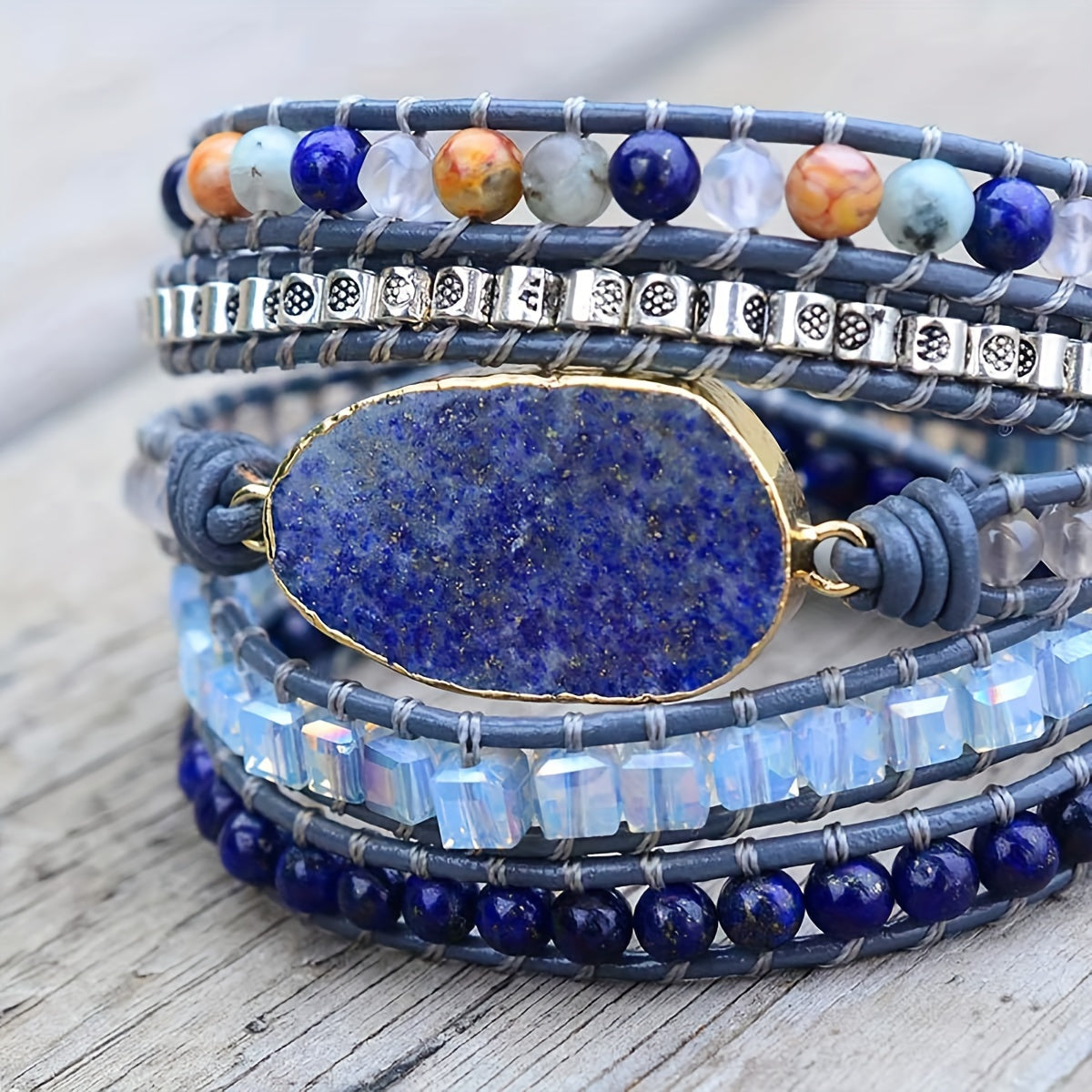 Boho Natural Jasper Druzy Leather Bracelet For Men Women