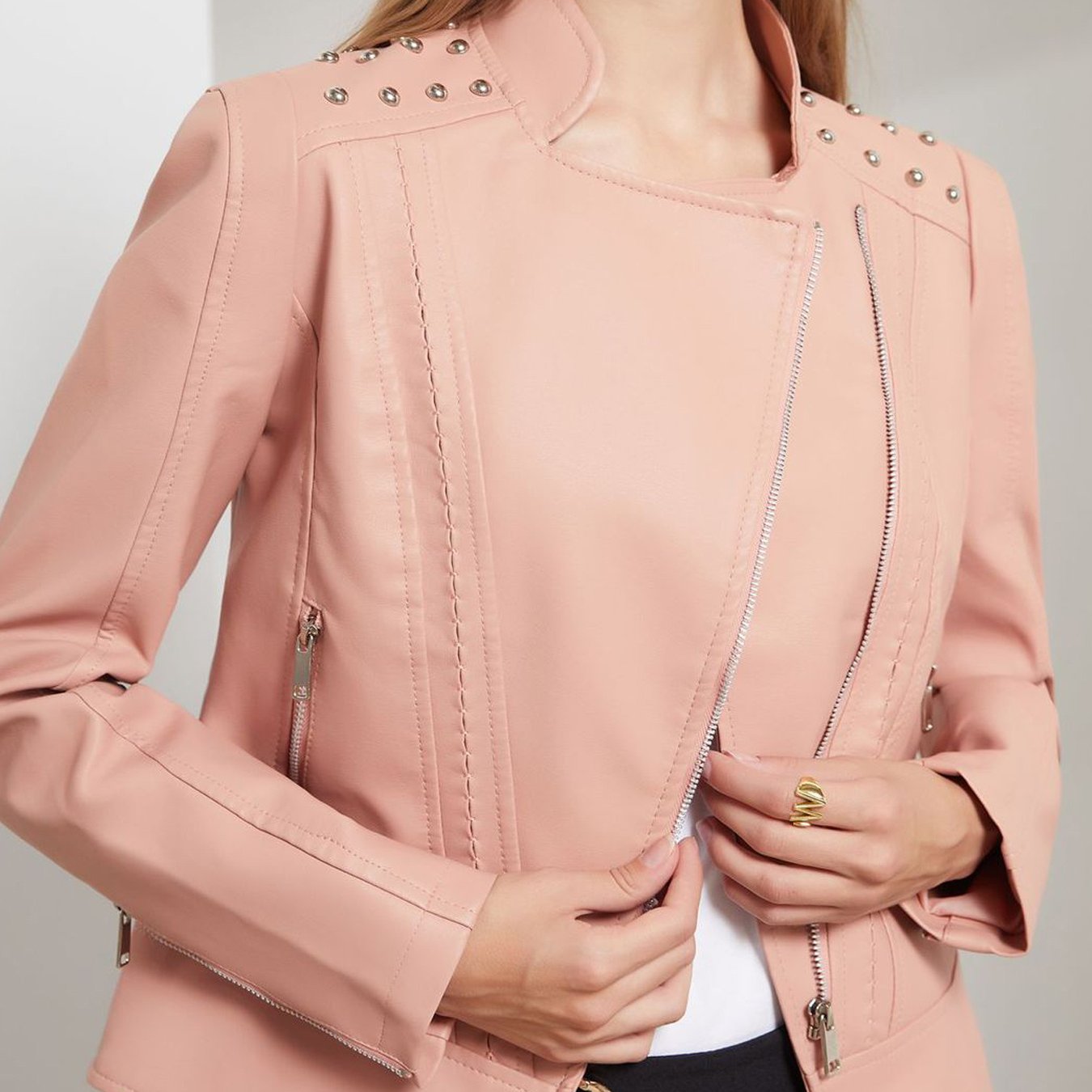 Scacto Women's Faux Leather Lapel Jacket With Beaded Studded Collar