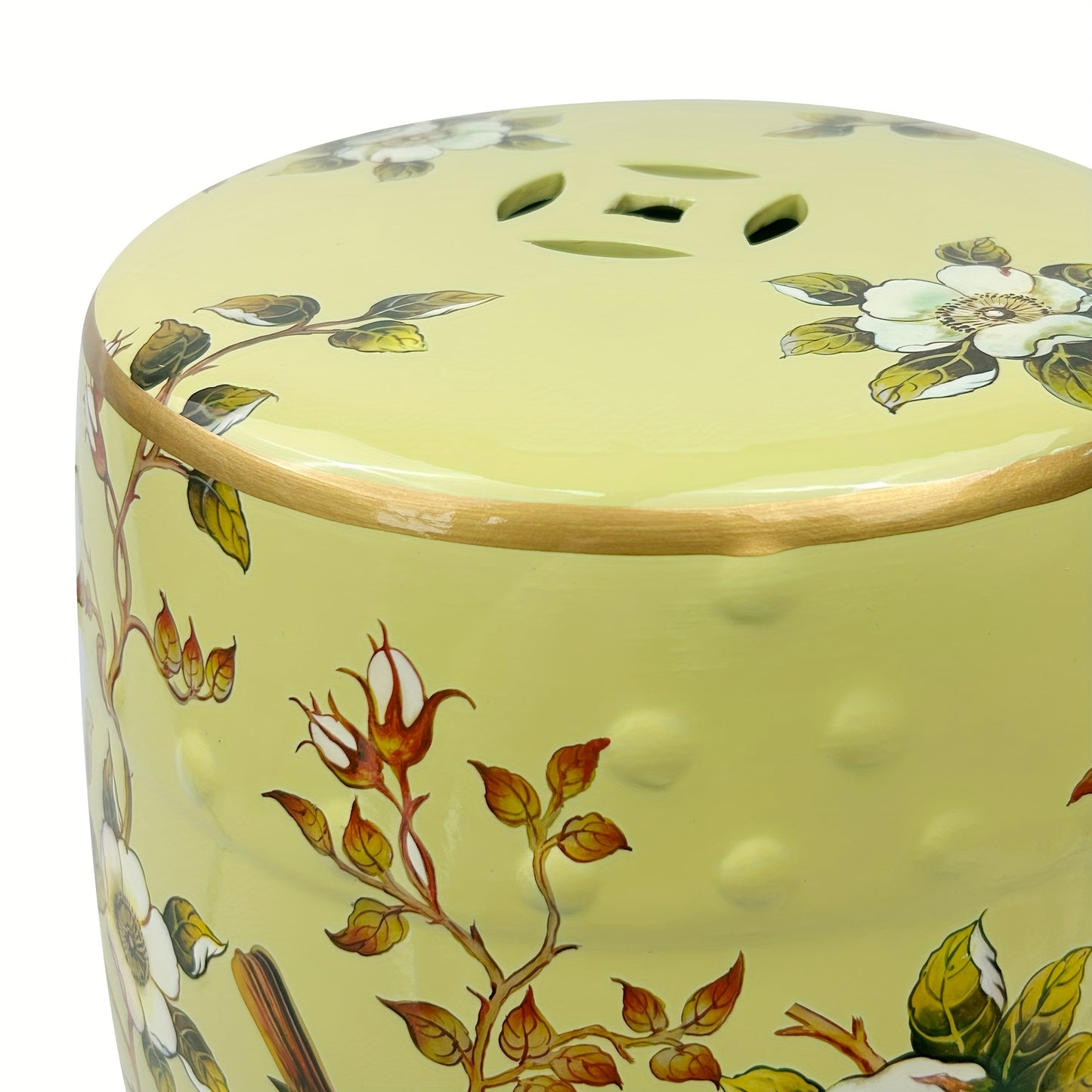 Ceramic Drum Stool Asian Classical Style Ornate Bird Blossom