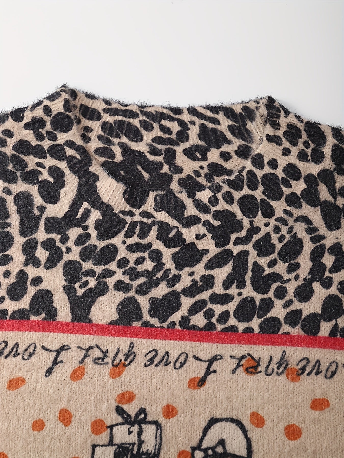 Floral Leopard Print Pullover Long Sleeve Round Neck Womens Top