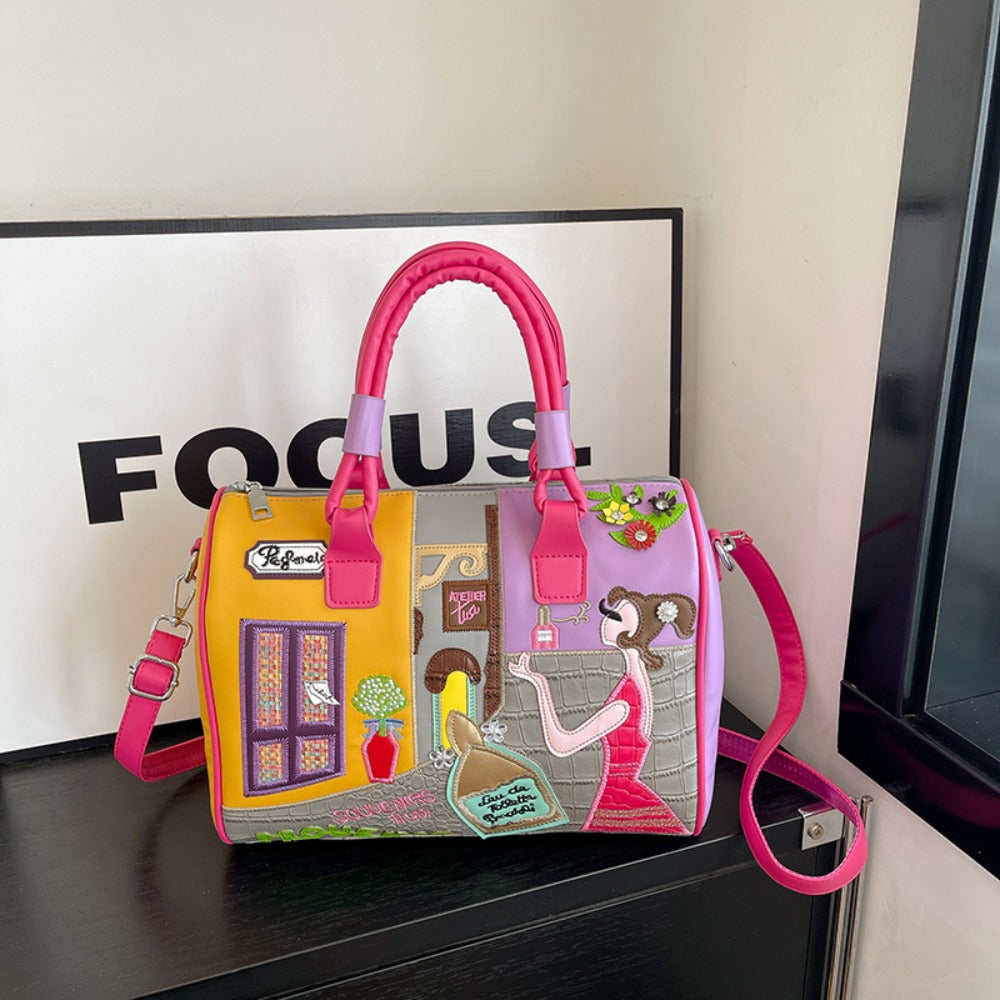 Boho Chic Boston Bag With Embroidery Patchwork Crossbody