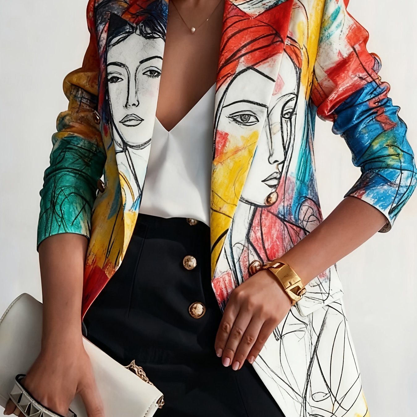 Elegant Womens Blazer Jacket With Abstract Print And Button Closure