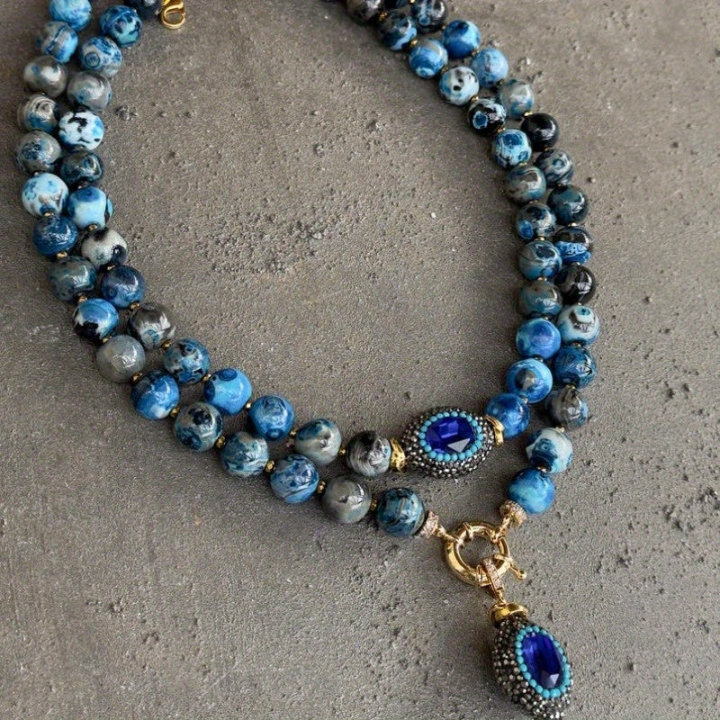 Boho Natural Stone Necklace With Golden Copper Beads Oval Pendant